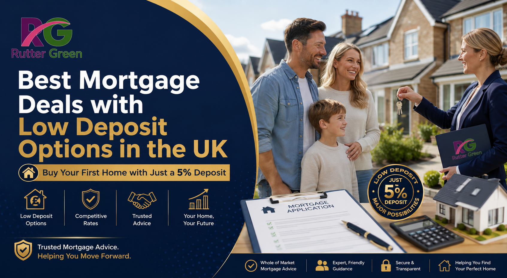 Best Mortgage Deals with Low Deposit Options in the UK | First-Time Buyer Guide British family receiving keys to their first home with low-deposit mortgage options in the UK.