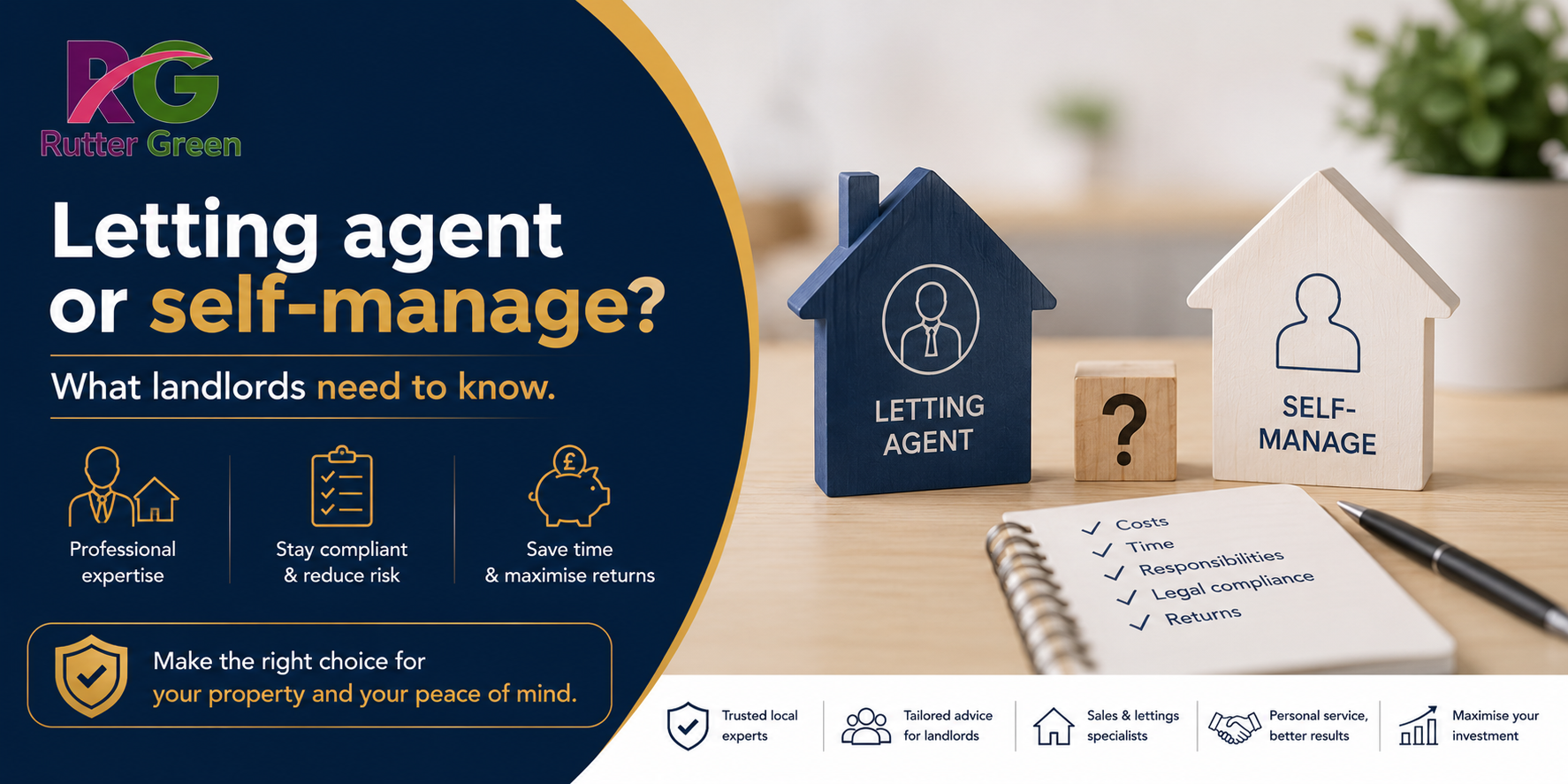 Letting Agent or Self-Manage Property Management Guide for UK Landlords Rutter Green blog banner showing a comparison between using a letting agent and self-managing a rental property, helping UK landlords choose the best property management option.